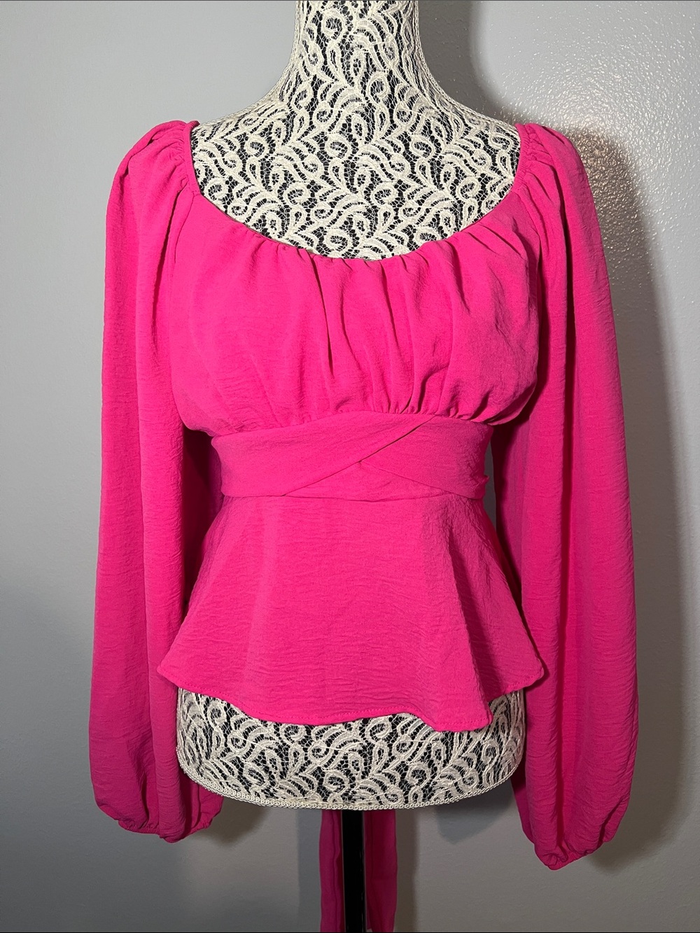 Altar'd State Hot Pink Long-Sleeve Peplum Blouse